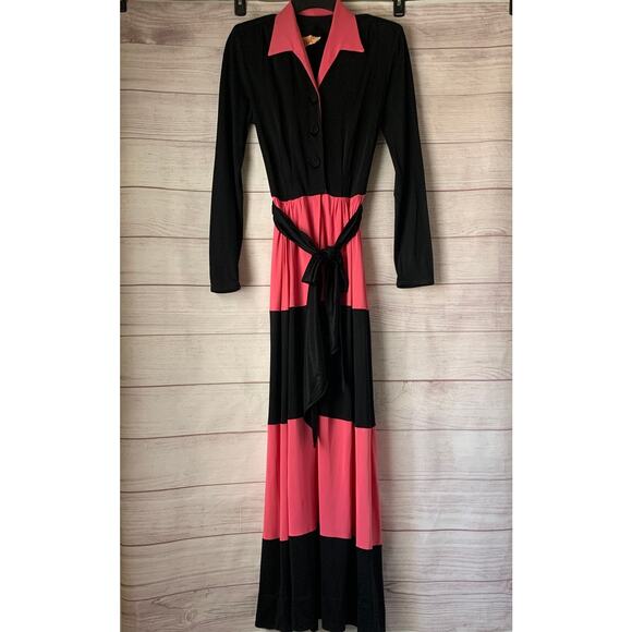 Vintage Original Paulette of Chicago Black and Pink Long Maxi Dress Tie Belt - Picture 1 of 16
